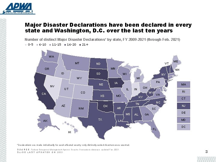Major Disaster Declarations have been declared in every state and Washington, D. C. over