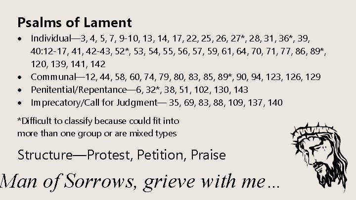 Psalms of Lament Individual— 3, 4, 5, 7, 9 -10, 13, 14, 17, 22,
