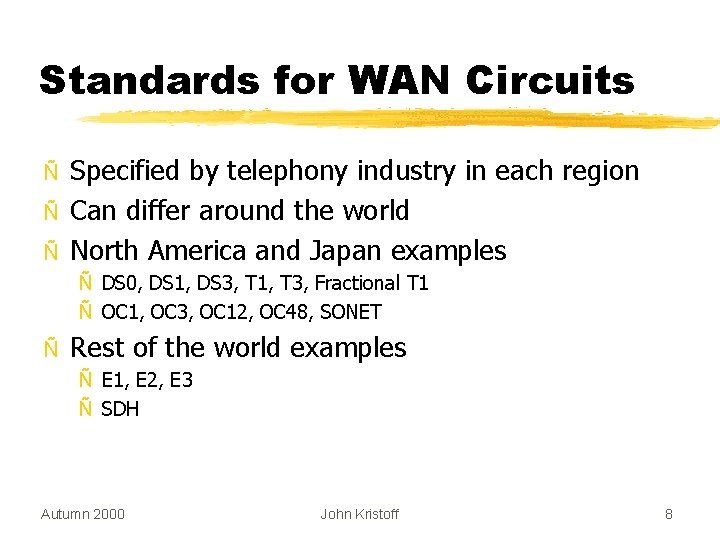 Standards for WAN Circuits Ñ Ñ Ñ Specified by telephony industry in each region