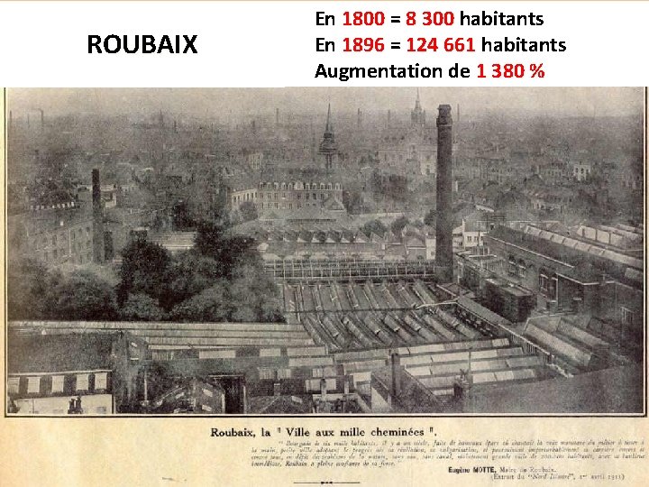 ROUBAIX En 1800 = 8 300 habitants En 1896 = 124 661 habitants Augmentation