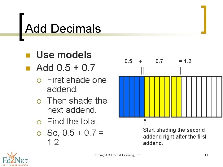 Add Decimals n n Use models Add 0. 5 + 0. 7 ¡ ¡