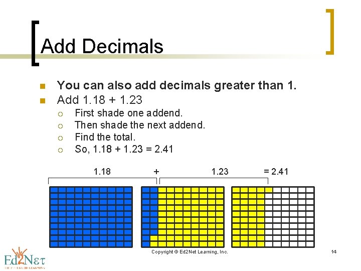 Add Decimals n n You can also add decimals greater than 1. Add 1.