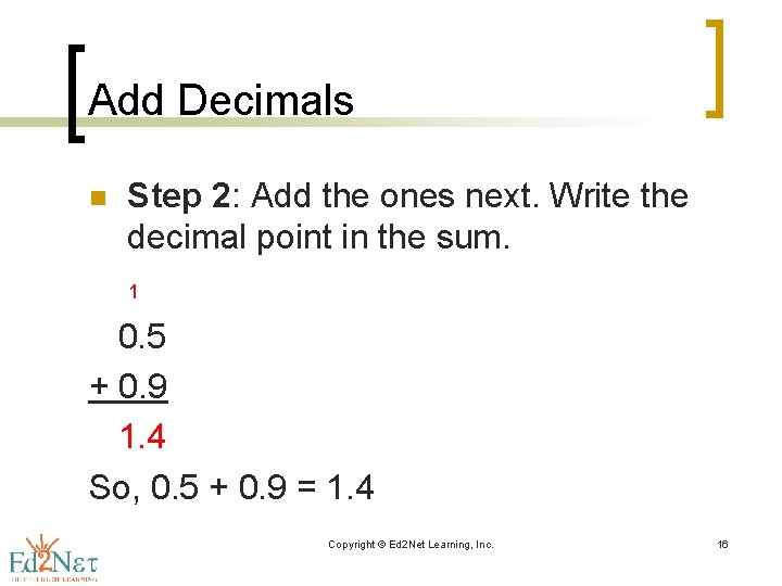 Add Decimals n Step 2: Add the ones next. Write the decimal point in