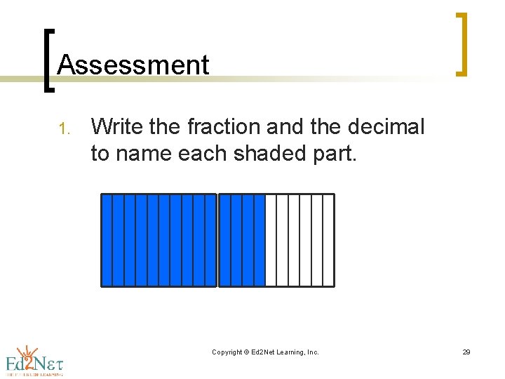 Assessment 1. Write the fraction and the decimal to name each shaded part. Copyright