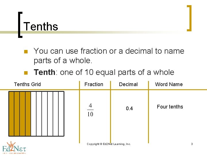 Tenths n n You can use fraction or a decimal to name parts of