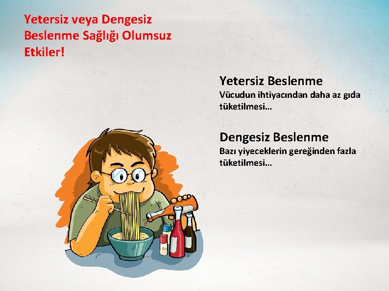 Sağlıklı Yaşamak İçin… Yetersiz veya Dengesiz Vücudun doğal dengesini korumak sağlıklı olmak Beslenme Sağlığı