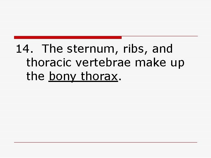 14. The sternum, ribs, and thoracic vertebrae make up the bony thorax. 