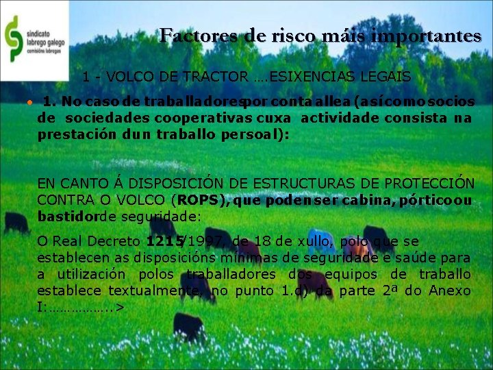 Factores de risco máis importantes 1 - VOLCO DE TRACTOR …. ESIXENCIAS LEGAIS •