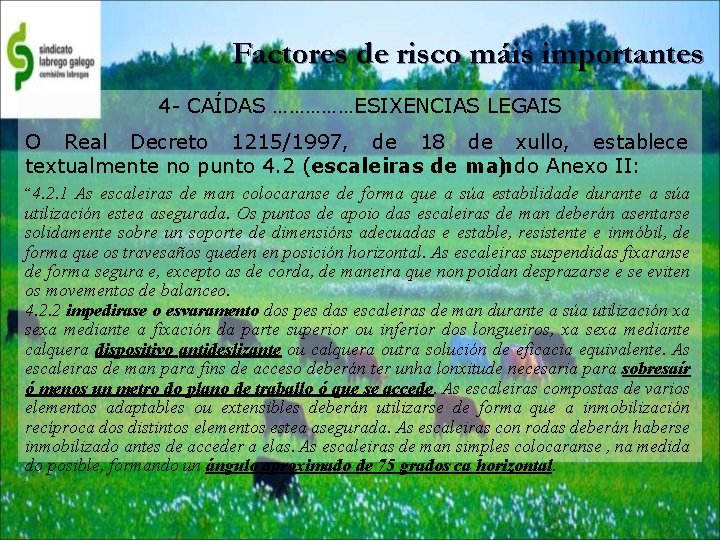 Factores de risco máis importantes 4 - CAÍDAS ……………ESIXENCIAS LEGAIS O Real Decreto 1215/1997,