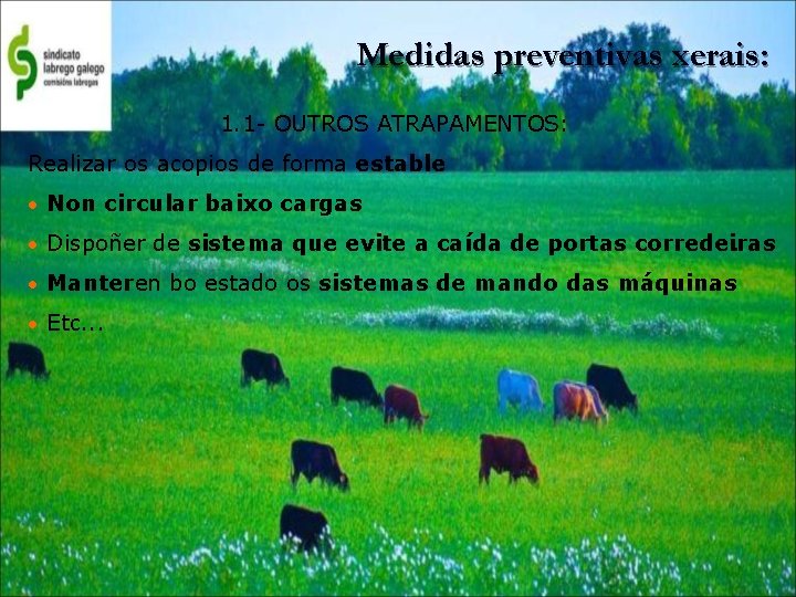 Medidas preventivas xerais: 1. 1 - OUTROS ATRAPAMENTOS: Realizar os acopios de forma estable.