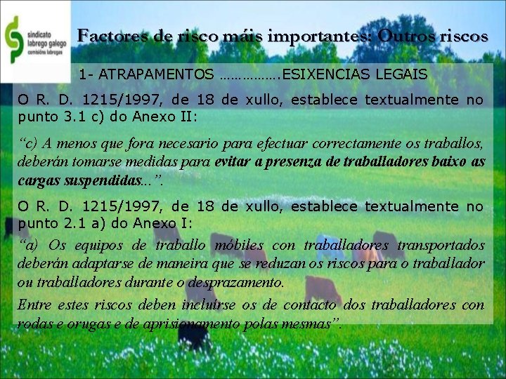 Factores de risco máis importantes: Outros riscos 1 - ATRAPAMENTOS ……………. ESIXENCIAS LEGAIS O