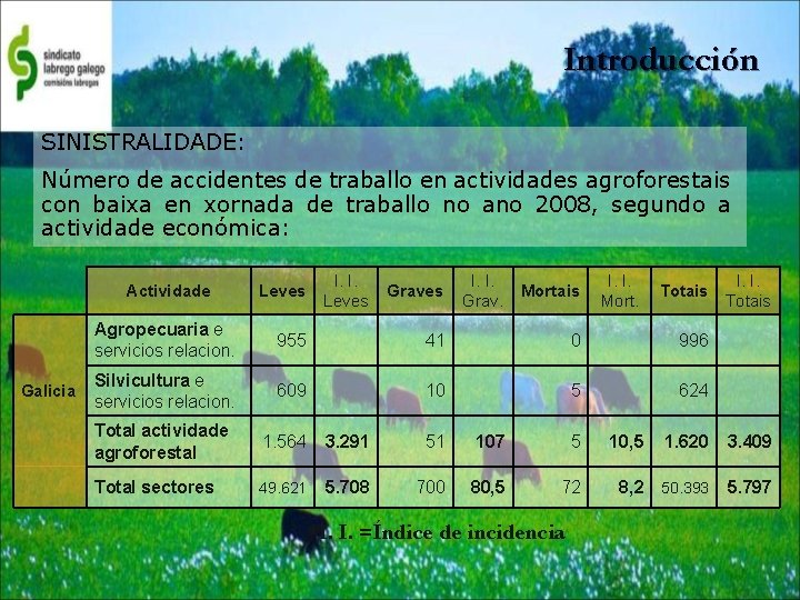 Introducción SINISTRALIDADE: Número de accidentes de traballo en actividades agroforestais con baixa en xornada