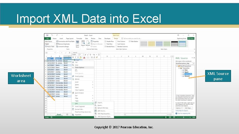 Import XML Data into Excel XML Source pane Worksheet area Copyright © 2017 Pearson