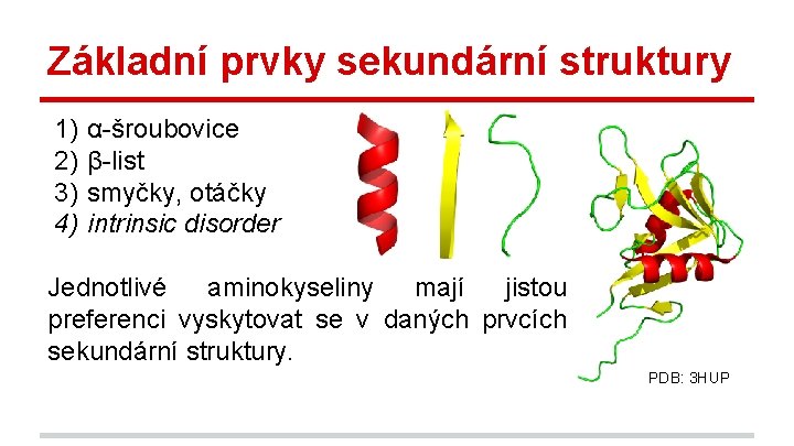 Základní prvky sekundární struktury 1) 2) 3) 4) α-šroubovice β-list smyčky, otáčky intrinsic disorder