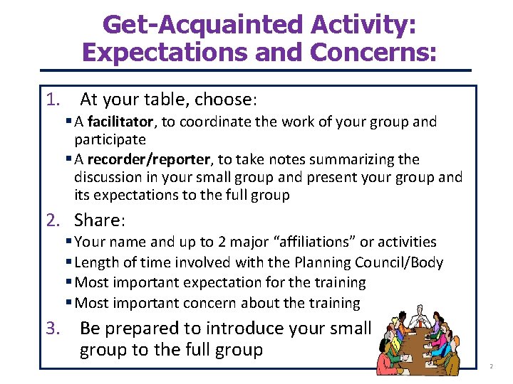 Get-Acquainted Activity: Expectations and Concerns: 1. At your table, choose: A facilitator, to coordinate