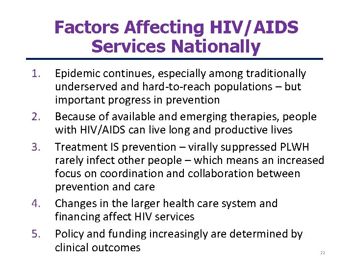 Factors Affecting HIV/AIDS Services Nationally 1. 2. 3. 4. 5. Epidemic continues, especially among