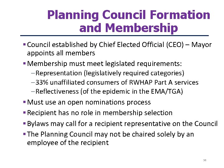 Planning Council Formation and Membership Council established by Chief Elected Official (CEO) – Mayor