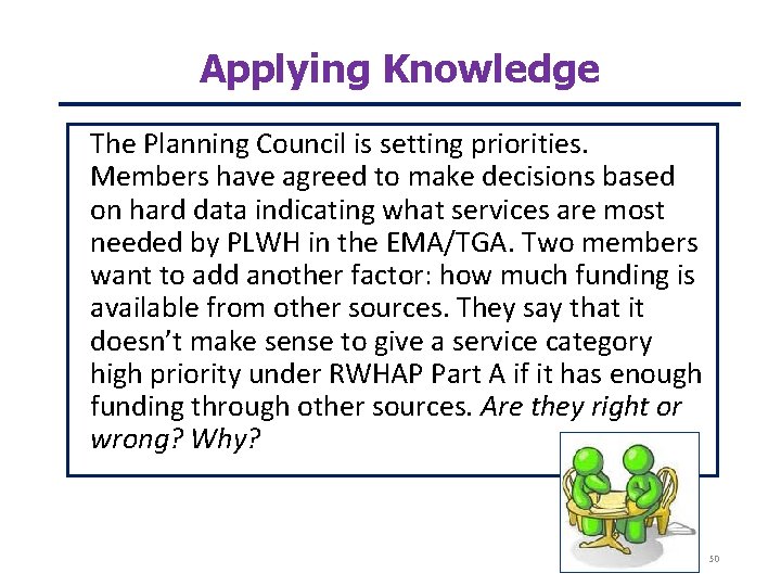 Applying Knowledge The Planning Council is setting priorities. Members have agreed to make decisions