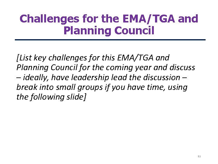 Challenges for the EMA/TGA and Planning Council [List key challenges for this EMA/TGA and
