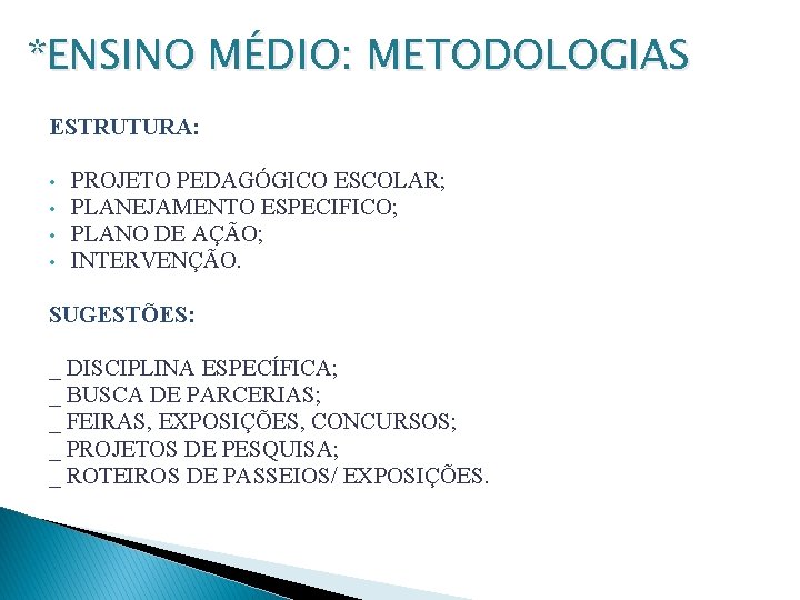 *ENSINO MÉDIO: METODOLOGIAS ESTRUTURA: • • PROJETO PEDAGÓGICO ESCOLAR; PLANEJAMENTO ESPECIFICO; PLANO DE AÇÃO;