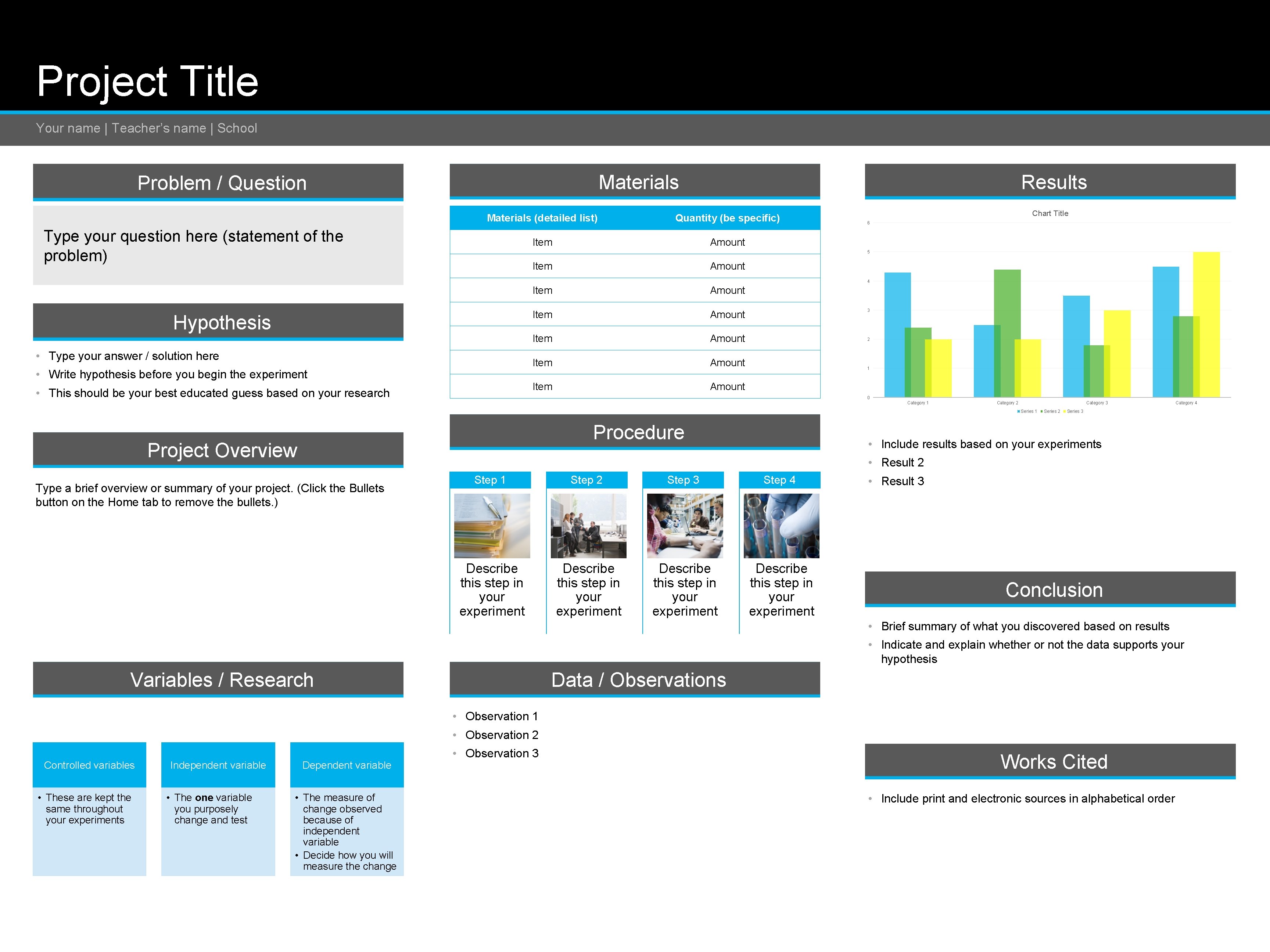 Project Title Your name | Teacher’s name | School Materials Problem / Question Results