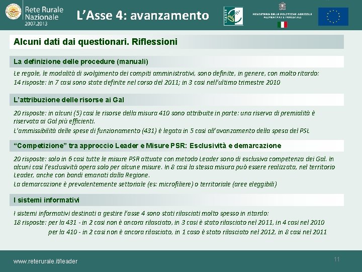 L’Asse 4: avanzamento Alcuni dati dai questionari. Riflessioni La definizione delle procedure (manuali) Le