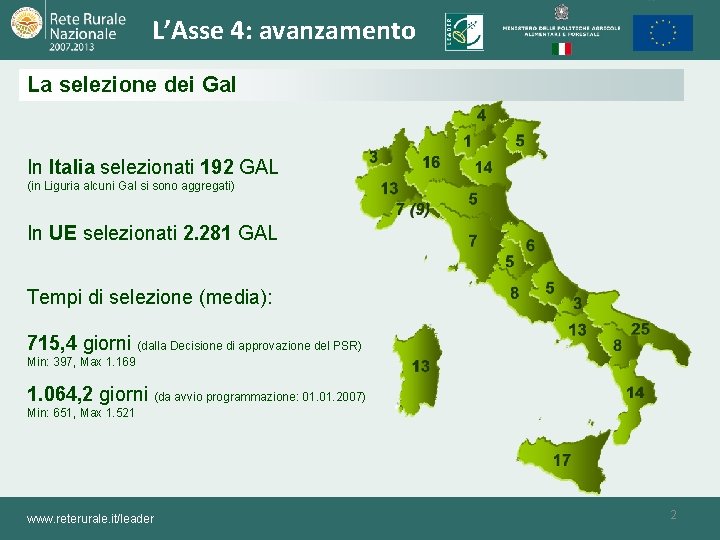 L’Asse 4: avanzamento La selezione dei Gal In Italia selezionati 192 GAL (in Liguria