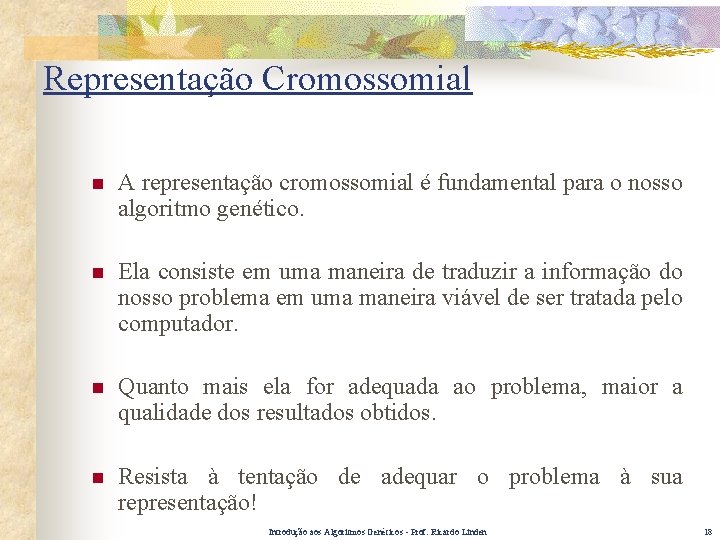Representação Cromossomial n A representação cromossomial é fundamental para o nosso algoritmo genético. n
