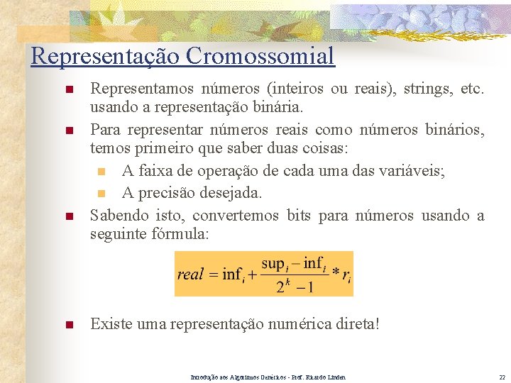 Representação Cromossomial n n Representamos números (inteiros ou reais), strings, etc. usando a representação