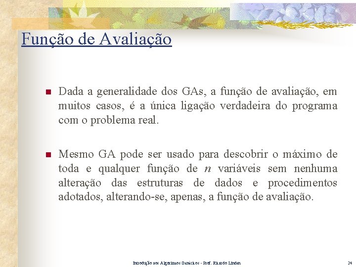 Função de Avaliação n Dada a generalidade dos GAs, a função de avaliação, em