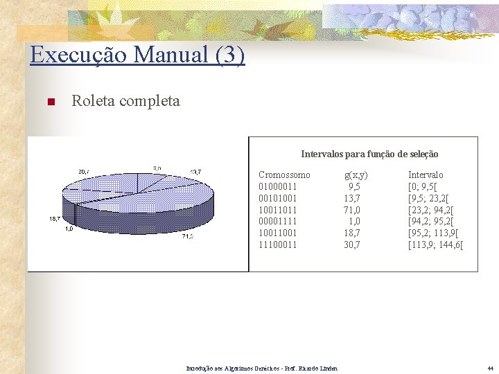 Execução Manual (3) n Roleta completa Intervalos para função de seleção Cromossomo 01000011 001010011011