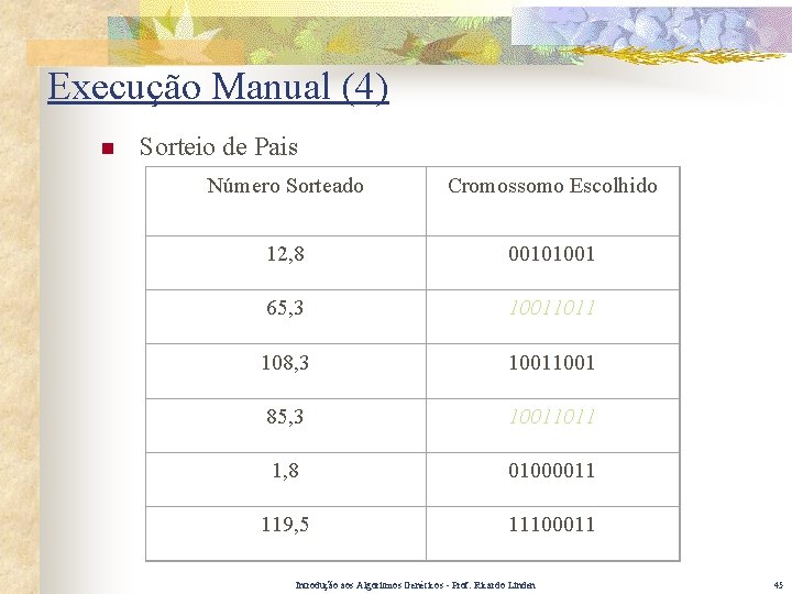 Execução Manual (4) n Sorteio de Pais Número Sorteado Cromossomo Escolhido 12, 8 00101001