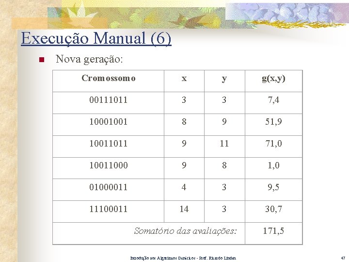 Execução Manual (6) n Nova geração: Cromossomo x y g(x, y) 00111011 3 3