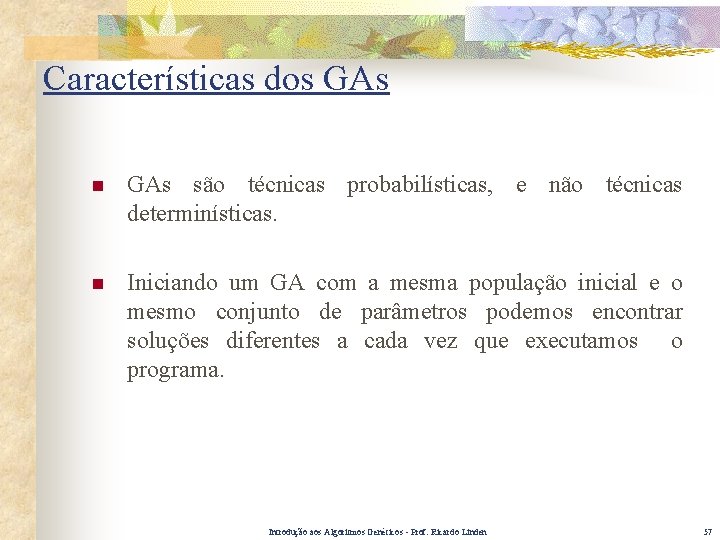 Características dos GAs n GAs são técnicas probabilísticas, e não técnicas determinísticas. n Iniciando