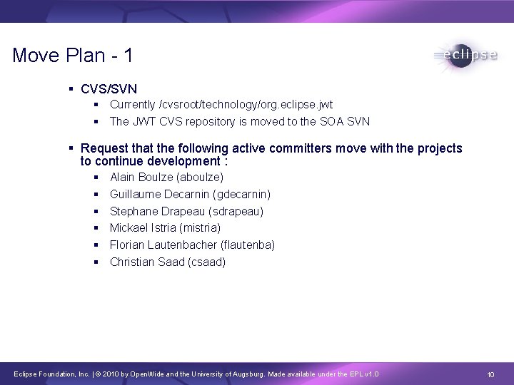 Move Plan - 1 CVS/SVN Currently /cvsroot/technology/org. eclipse. jwt The JWT CVS repository is