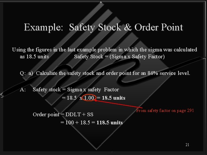 Example: Safety Stock & Order Point Using the figures in the last example problem