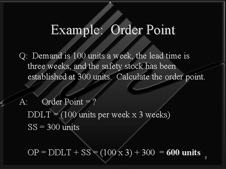 Example: Order Point Q: Demand is 100 units a week, the lead time is