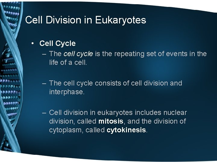 Cell Division in Eukaryotes • Cell Cycle – The cell cycle is the repeating