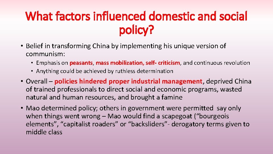 What factors influenced domestic and social policy? • Belief in transforming China by implementing