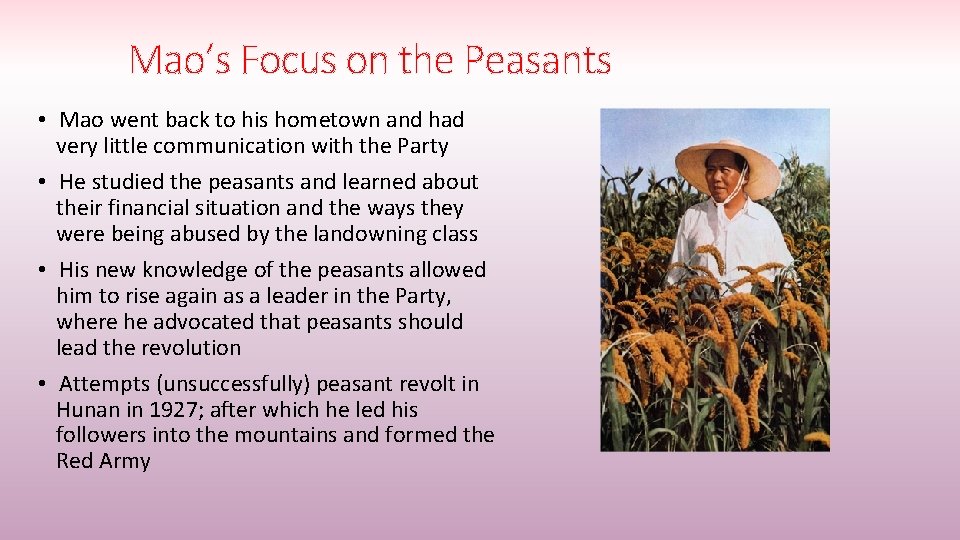 Mao’s Focus on the Peasants • Mao went back to his hometown and had