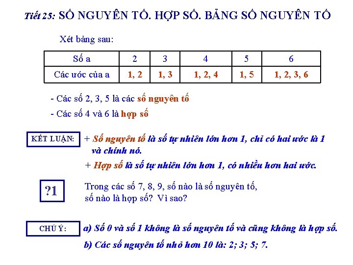 Tiết 25: SỐ NGUYÊN TỐ. HỢP SỐ. BẢNG SỐ NGUYÊN TỐ Xét bảng sau: