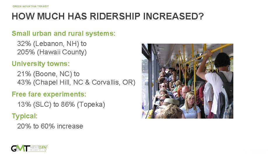 GREEN MOUNTAIN TRANSIT HOW MUCH HAS RIDERSHIP INCREASED? Small urban and rural systems: 32%