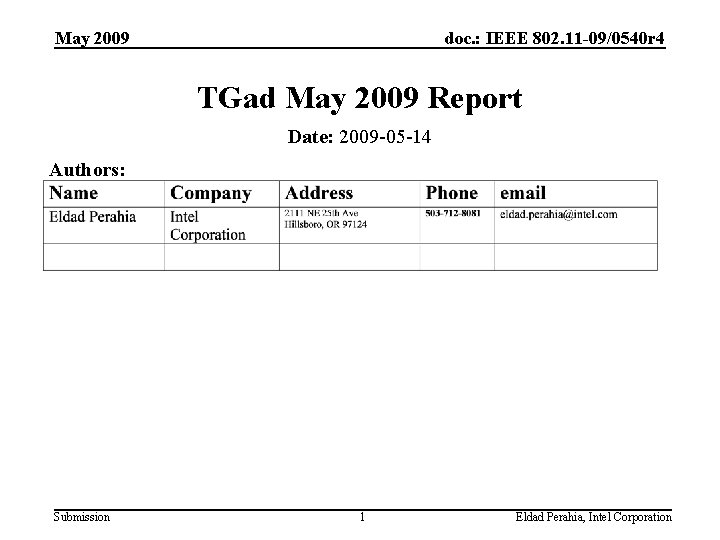 May 2009 doc. : IEEE 802. 11 -09/0540 r 4 TGad May 2009 Report