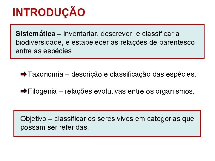 INTRODUÇÃO Sistemática – inventariar, descrever e classificar a biodiversidade, e estabelecer as relações de