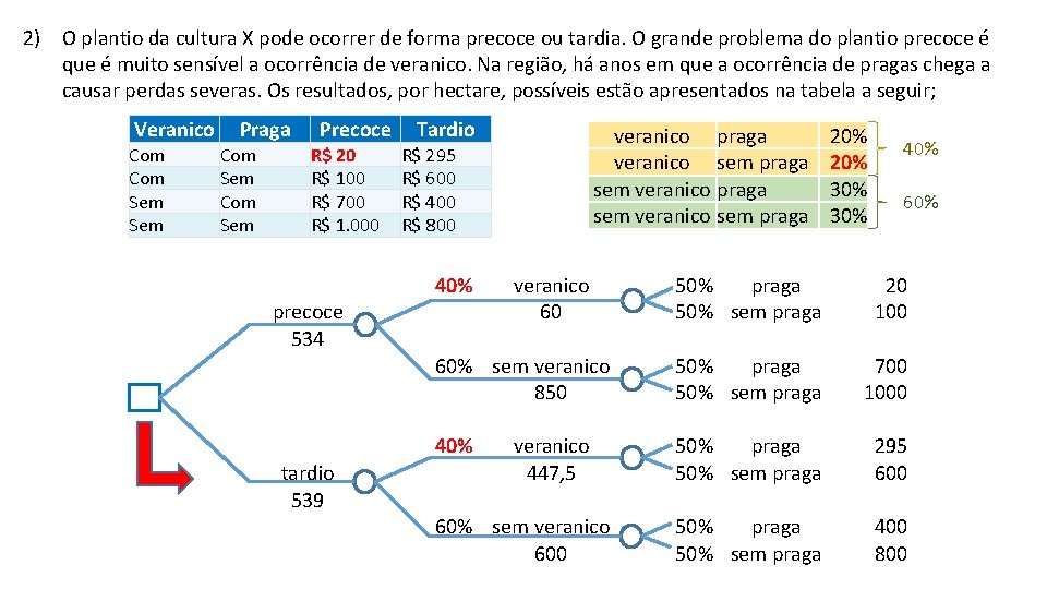 2) O plantio da cultura X pode ocorrer de forma precoce ou tardia. O