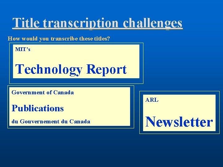 Title transcription challenges How would you transcribe these titles? MIT’s Technology Report Government of