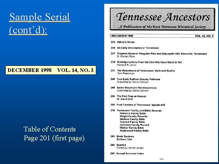 Sample Serial (cont’d): DECEMBER 1998 VOL. 14, NO. 3 Table of Contents Page 201