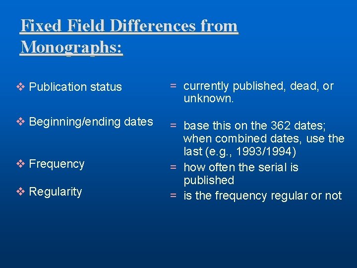 Fixed Field Differences from Monographs: v Publication status = currently published, dead, or unknown.
