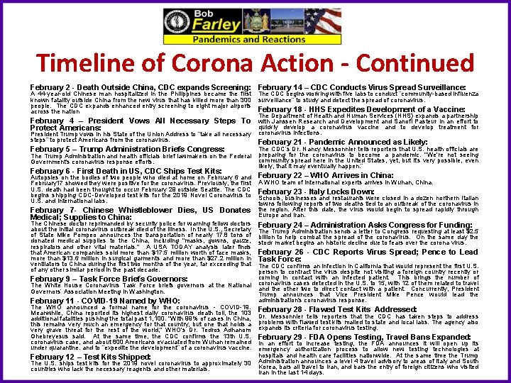 Timeline of Corona Action - Continued February 2 - Death Outside China, CDC expands