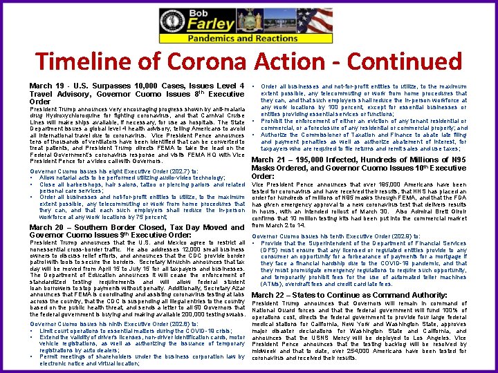 Timeline of Corona Action - Continued March 19 - U. S. Surpasses 10, 000